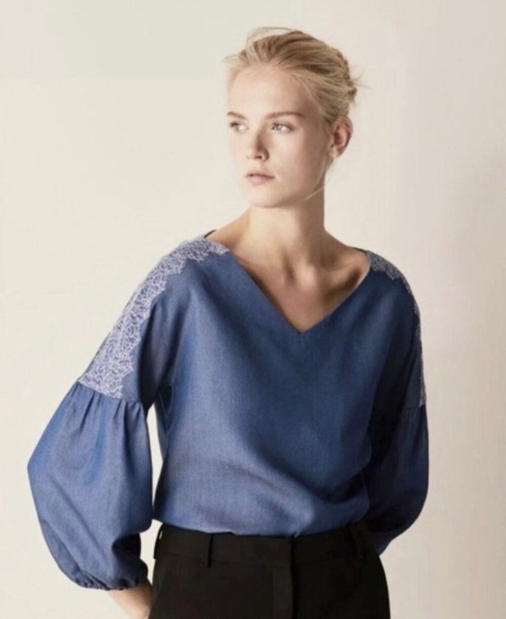 Massimo Dutti Chambray Lace Balloon Sleeve Blouse Blue Size 8 NWT